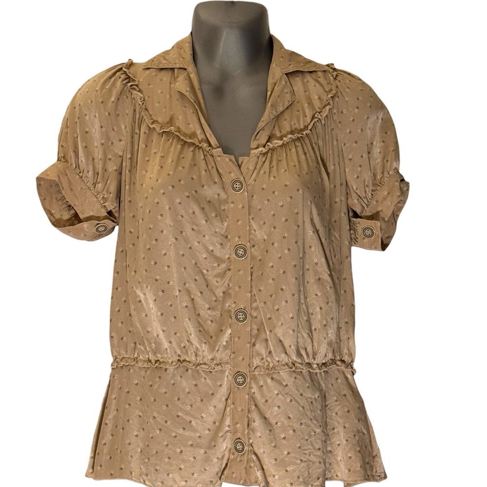 Silk Neutral Button-Up Blouse with Ruffle